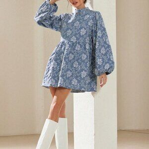 Blue Elegant Women's Textured Floral Lantern Sleeve A-Line Mini Dress